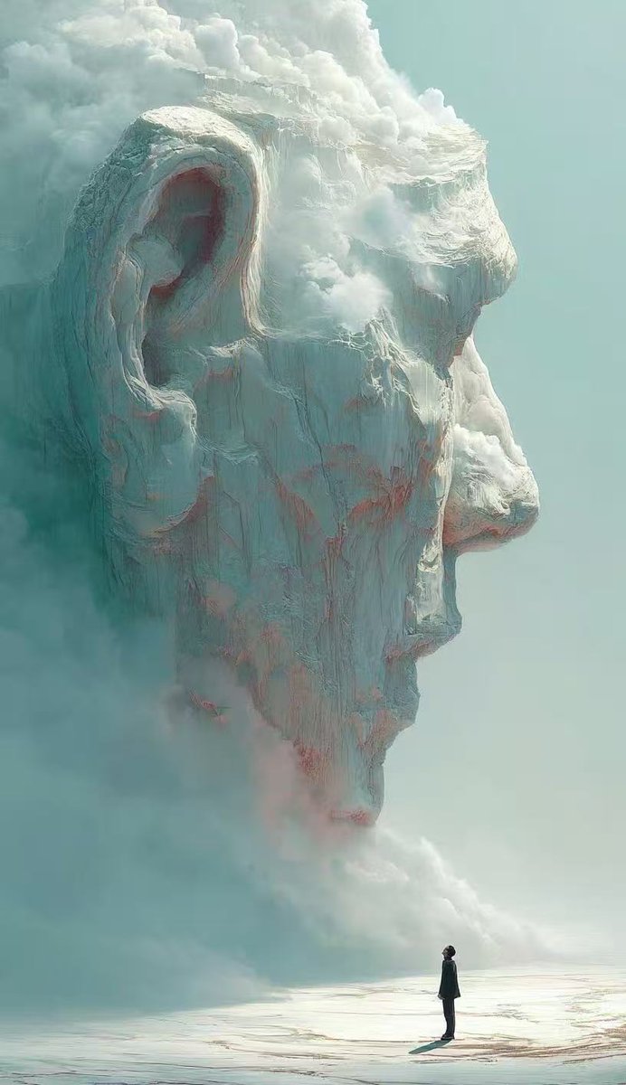Gsdata5566's tweet image. “Not every answer comes from the world outside.
Sometimes, you must stand before yourself to hear the echo. ⛰️☁️”
#InnerDialogue #MountainOfMind #SelfReflection #SurrealArt #AIArt #AIGenerated #SymbolicImagery #Dreamscape