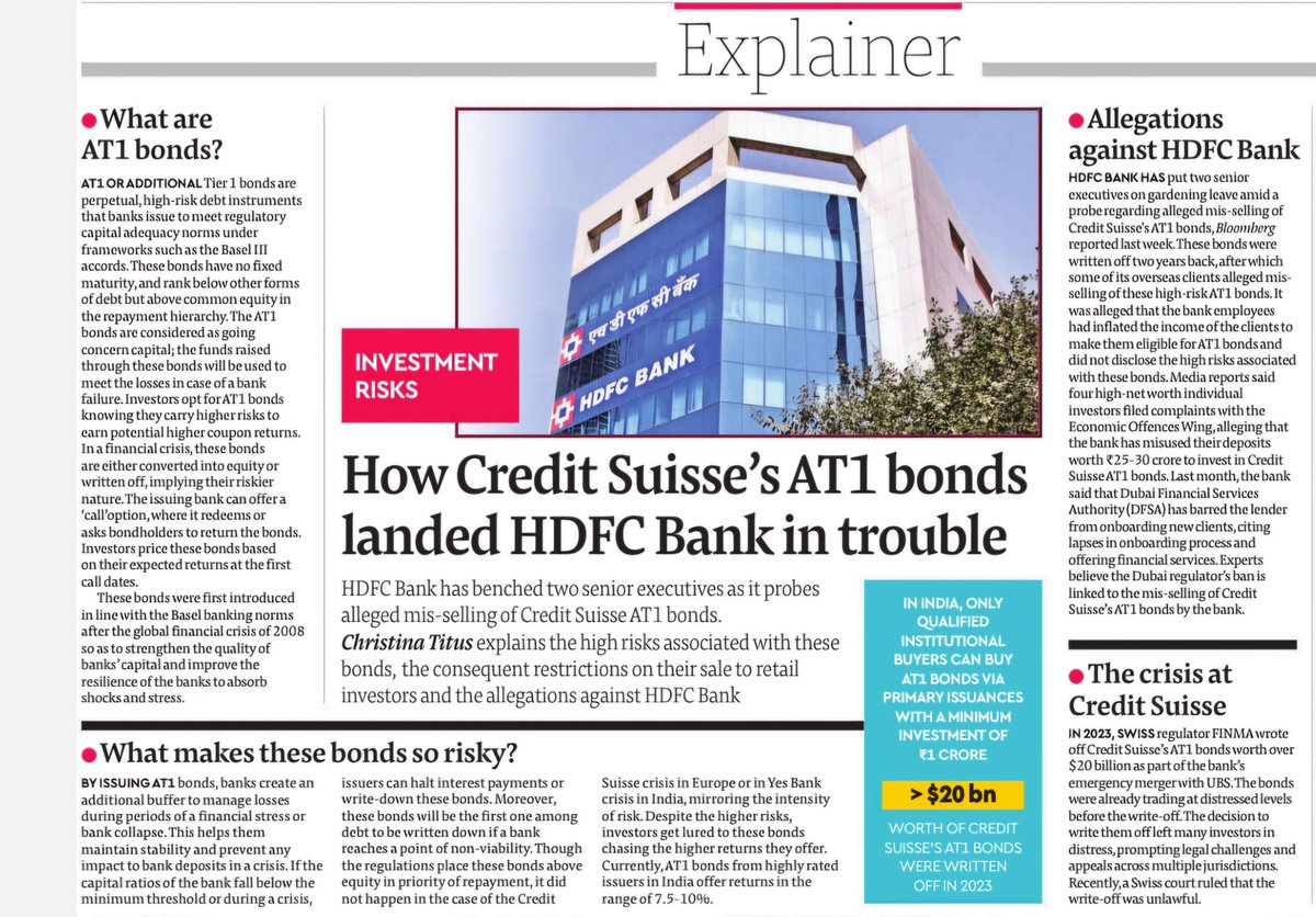PSBPunch's tweet image. There is a strong reason to avoid #privatebanks 👇

#HDFC Bank Executives Sacked in $20 Billion Credit Suisse Bond Scandal. What you need to know about risky AT1 Bonds.
@HDFC_Bank @RBI