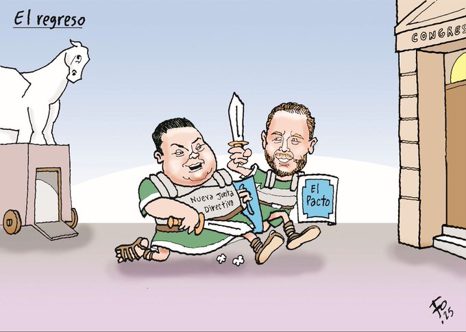 Cartoon illustration shows two men in green Roman soldier outfits one chubby with fierce expression holding a sword stabbing the slimmer smiling man on the ground both wearing sandals and shields the background includes a white goat standing on hind legs with horns and hooves labeled Congreso above it a wheeled cart and building facade a banner reads El Regreso and another El Pacto signed by Fo.