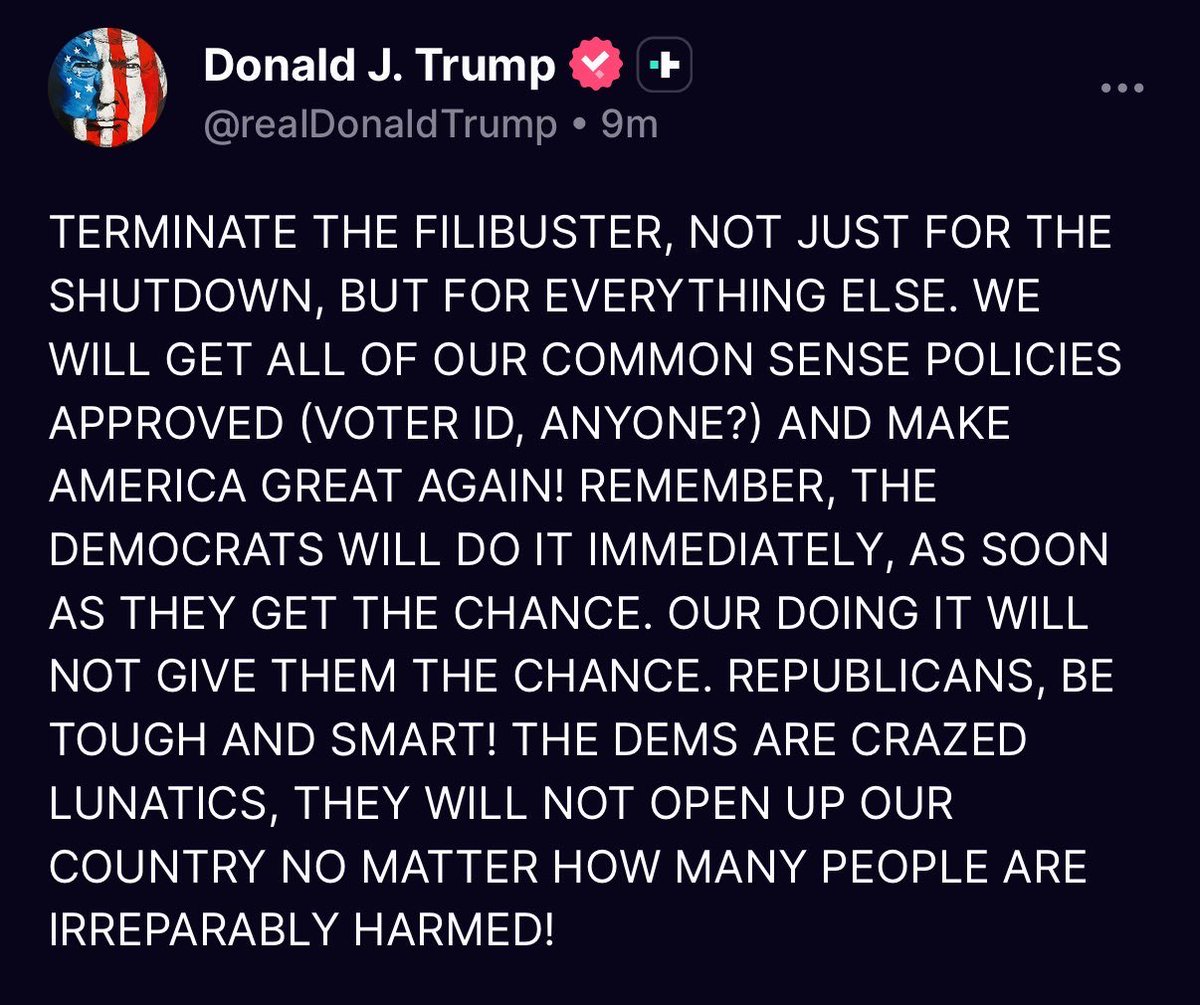 Trump is right:

Senate Democrats will nuke the legislative filibuster (60 to 51 votes) the next time they control the White House, House, and Senate.