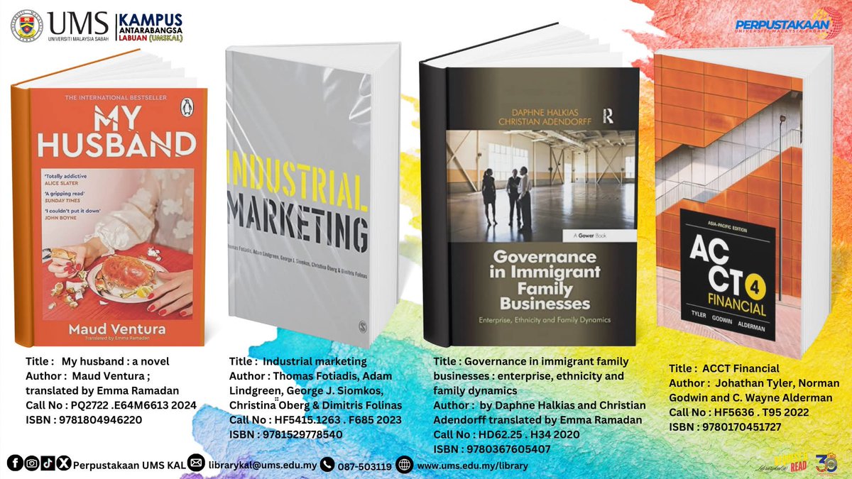 Libkal_UMS's tweet image. KOLEKSI BUKU TERKINI &quot;REQUEST &amp;amp; READ @LIBRARYKAL“

Perpustakaan UMSKAL juga menyediakan Tempahan Buku melalui Perkhidmatan BOOK, LOAN SERVICE 
Untuk maklumat lanjut sila layari laman web Perpustakaan;
🌐ums.edu.my/library/en/ 
🌐discovery.ums.edu.my 

#RequestCollectandGo