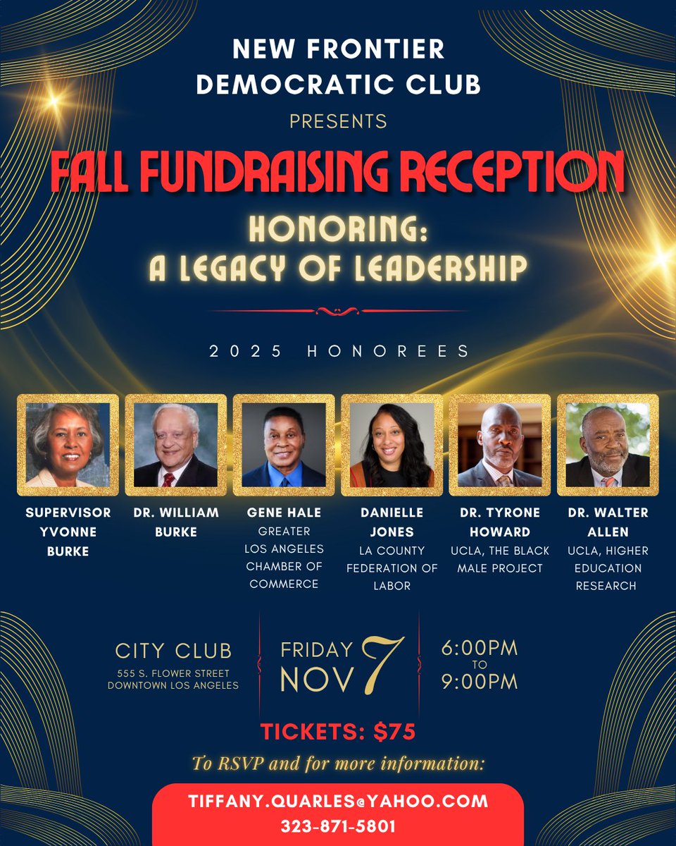 Join us on Friday, November 7th at 6 PM at the City Club for our Fall Fundraiser Reception as we honor A Legacy of Leadership. Come support our Honorees and come support the New Frontier Democratic Club. We'll see you there.