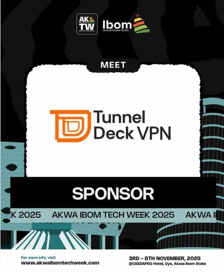 Tunneldeckvpn's tweet image. We’re excited to announce that Tunneldeck is one of the proud sponsors of Akwa Ibom Tech Week 2025, a landmark event dedicated to inspiring innovation, collaboration, and digital transformation in Akwa Ibom State and beyond.
#AkwaIbomTechWeek