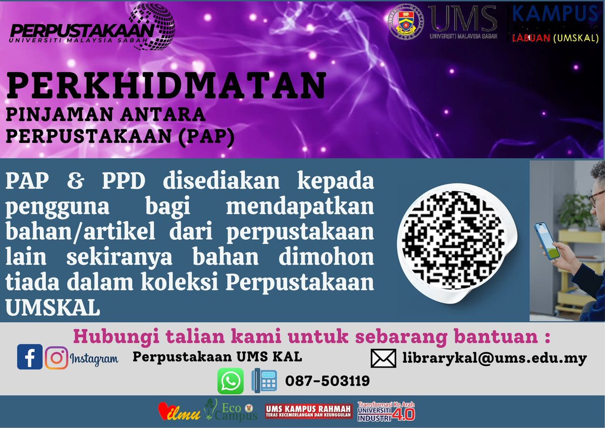 Libkal_UMS's tweet image. PINJAMAN ANTARA PERPUSTAKAAN (PAP) &amp;amp; PERKHIDMATAN PEMBEKALAN DOKUMEN (PPD)

Perpustakaan ada menyediakan Perkhidmatan PAP &amp;amp; PPD untuk bahan rujukan dan artikel yang tidak terdapat dalam koleksi Perpustakaan UMS.

ATAU

Imbas QR kod dalam poster.

Terima kasih 😉