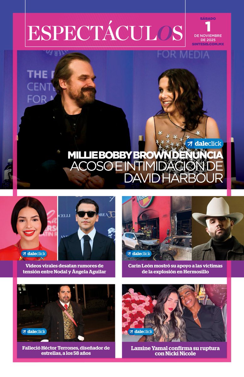 📰 Hoy en las portadas

🏫Arranca horario de invierno en escuelas poblanas

🔴 Carlos Manzo, el alcalde que desafió al crimen organizado

🖼️Inauguran el Gran Museo Egipcio

⚾ Dodgers logran el bicampeonato

❌ Millie Bobby Brown denuncia acoso

sintesisdigital.com.mx:8383/flipsint/03112…