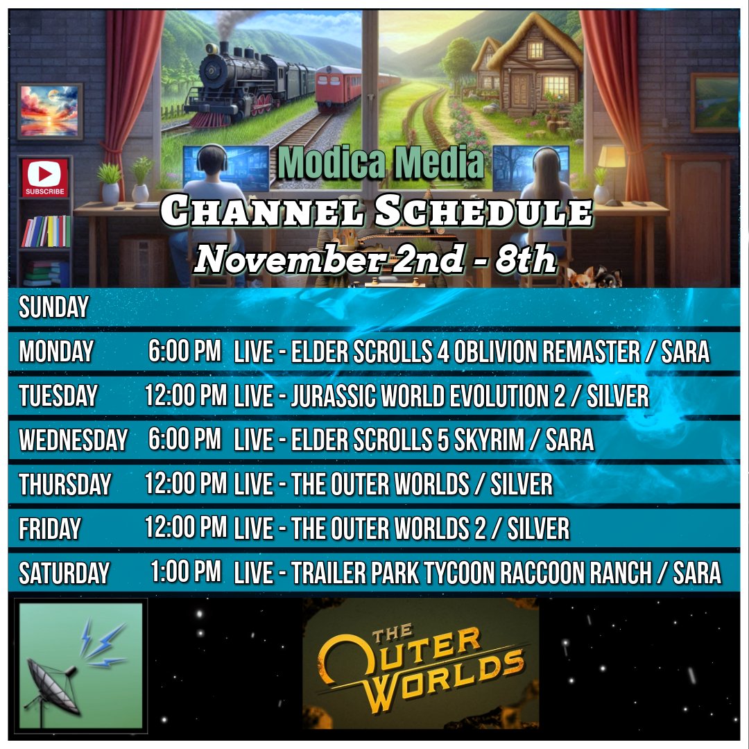 ModicaMedia's tweet image. Hi everyone! Here is our tentative schedule for the upcoming week! (November 2nd - 8th)
Channel Link: youtube.com/@ModicaMedia

*All Times listed in the image are in PST*

#oblivionremastered #skyrim #jurassicworldevolution2 #outerworlds2 #theouterworlds #trailerparktycoon