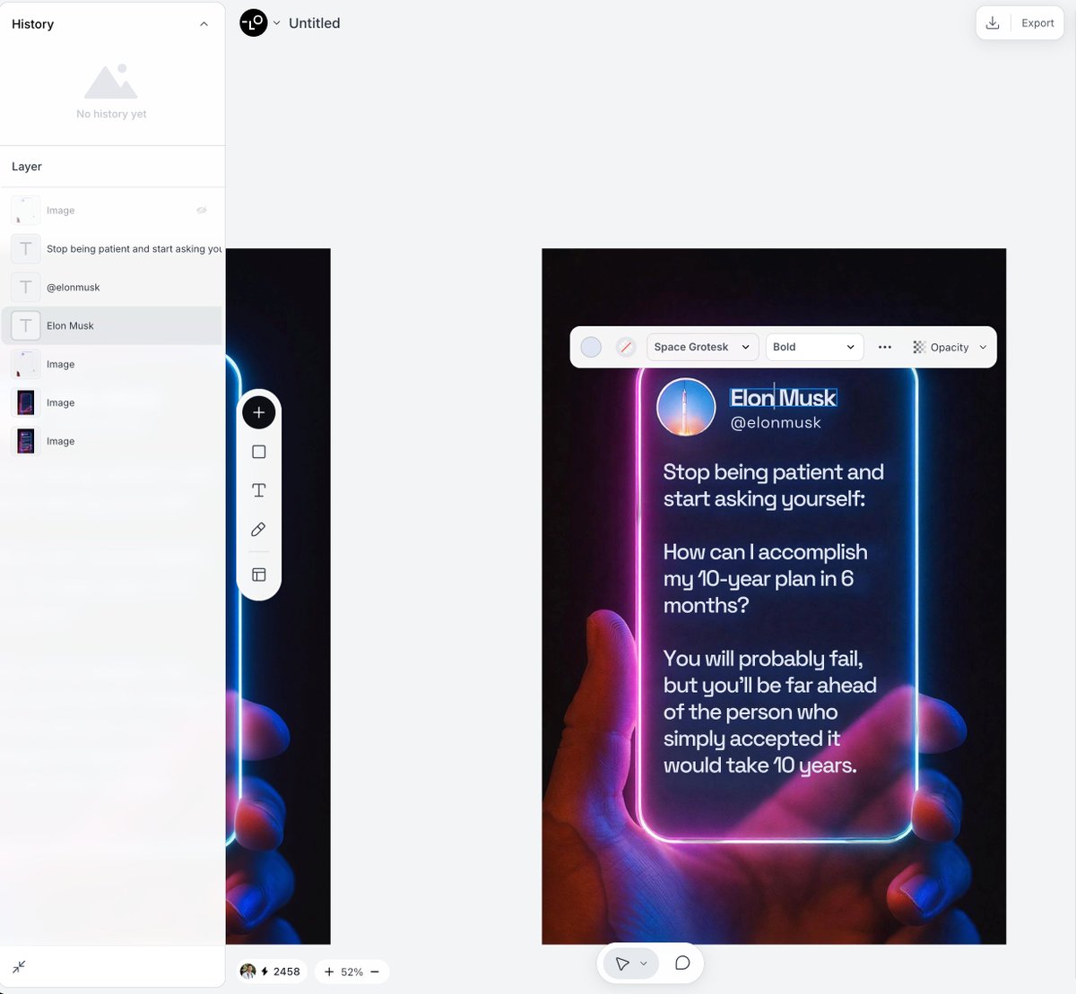然後在Lovart 中新建一個Project,上傳這張圖片,選中圖片後,在浮動選單中選擇“Edit Element”,稍等幾分鐘,就會產生一個有多張圖層拼在一起的圖片,其中的文字都拆分成了獨立的圖層,可以自由編輯了。