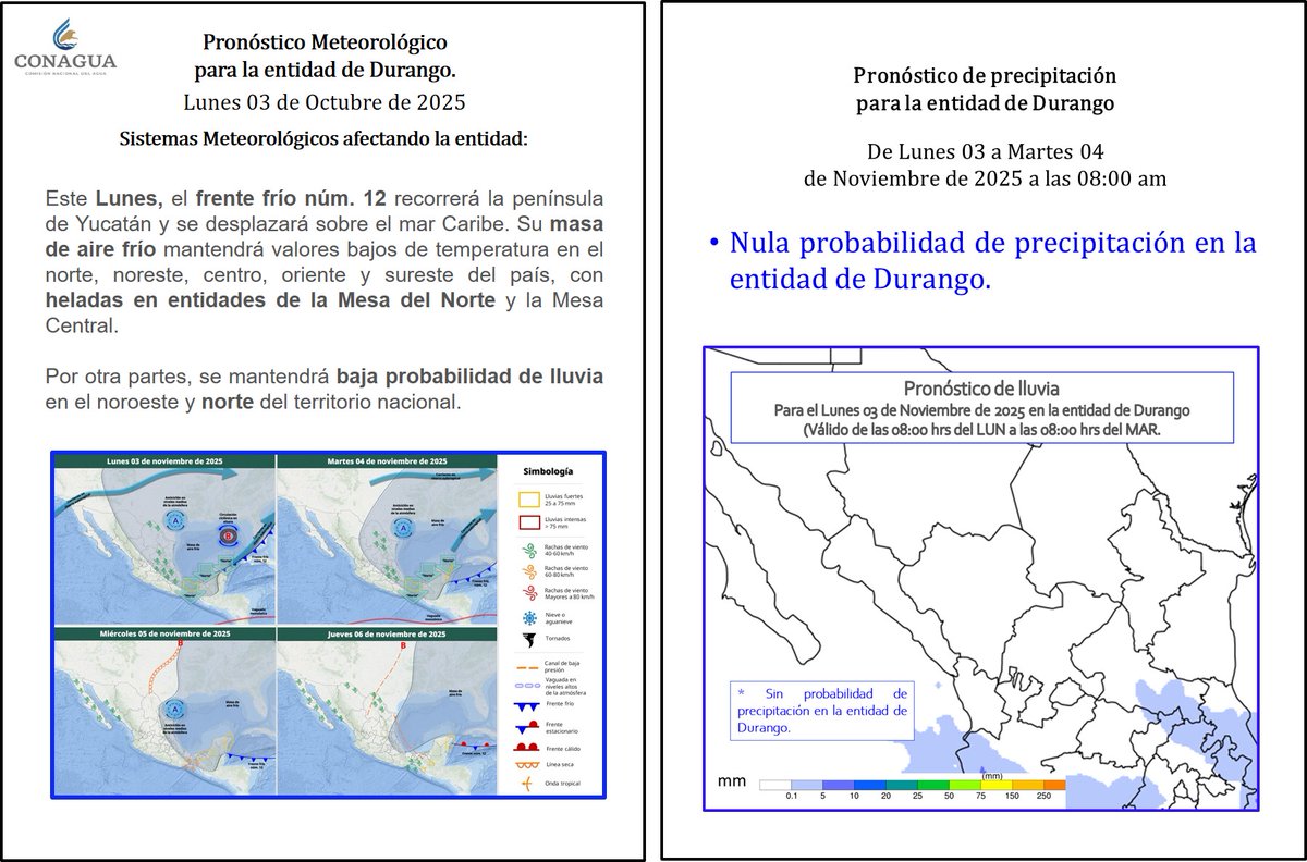 ConaguaDLDgo's tweet image. Pronóstico Meteorológico #Durango 
Lunes 03 de Noviembre 2025

• Nula probabilidad de precipitación en la entidad de Durango
• Al amanecer del Lunes, se prevé temp. mín. MUY FRÍA de 5 a 6°C.
• Tmáx CÁLIDO 26 a 27°C.
• Al amanecer del Martes Temp. Mínima MUY FRÍA de 6 a 7°C.