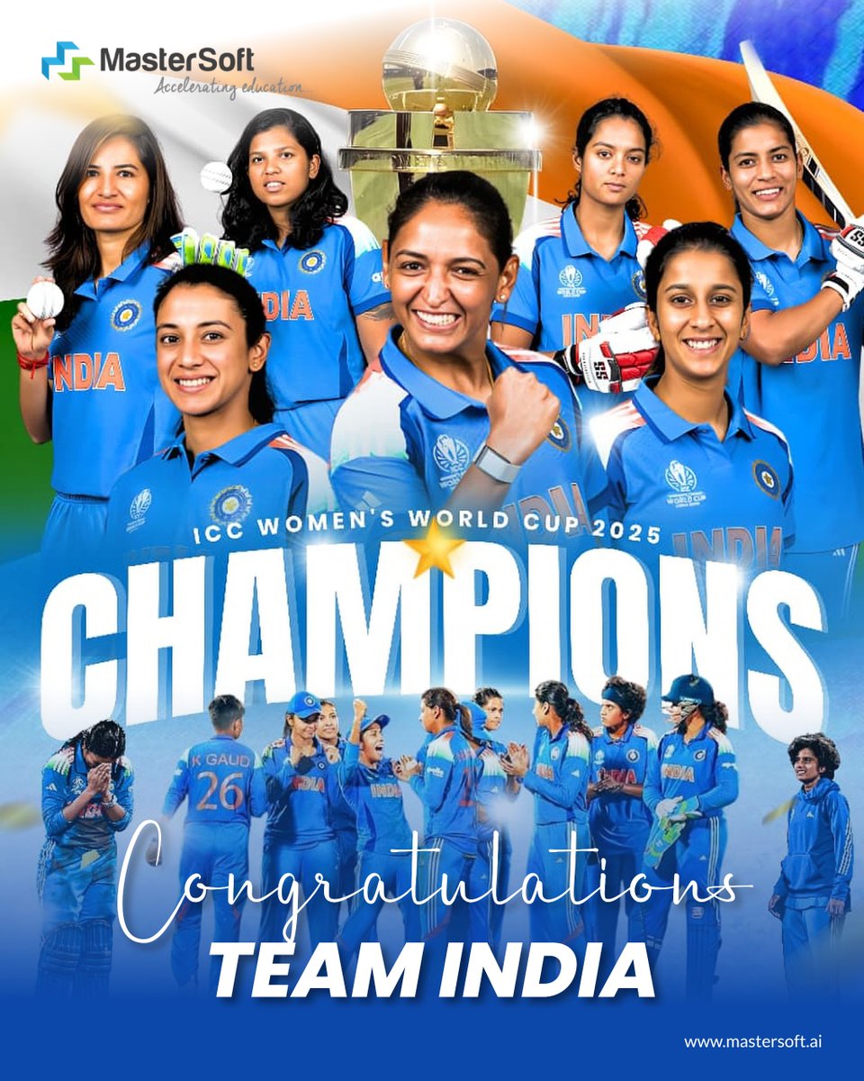 mastersoft_erp's tweet image. History Created!

Heartiest congratulations to Team India for becoming the ICC Women’s World Cup 2025 Champions!
Your passion, dedication, and teamwork have made the nation proud!

#TeamIndia #WomenInBlue #WorldChampions #ICCWomensWorldCup2025 #ProudMoment #MasterSoft
