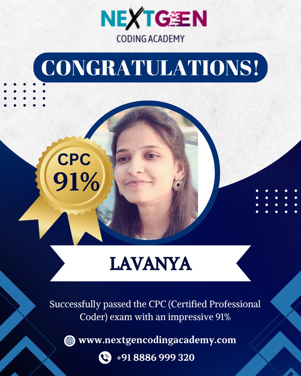 nextgencoding25's tweet image. 🎉 Congratulations Lavanya! 🎉

We’re proud to share that Lavanya has successfully cleared the CPC (Certified Professional Coder) exam with an excellent 91% score! 🌟
📞 Call: +91 8886 999 320
🌐 Visit: nextgencodingacademy.com

#NextGenCodingAcademy #MedicalCoding #CPCExam #CPC