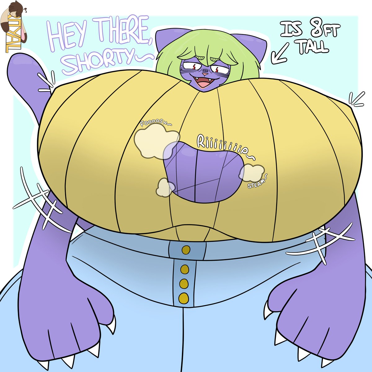 POV you have just run into a tall cat woman in the wild and she seems to be having a wardrobe malfunction...she can't see under there, though. Eggplant is still my fave OC to draw!