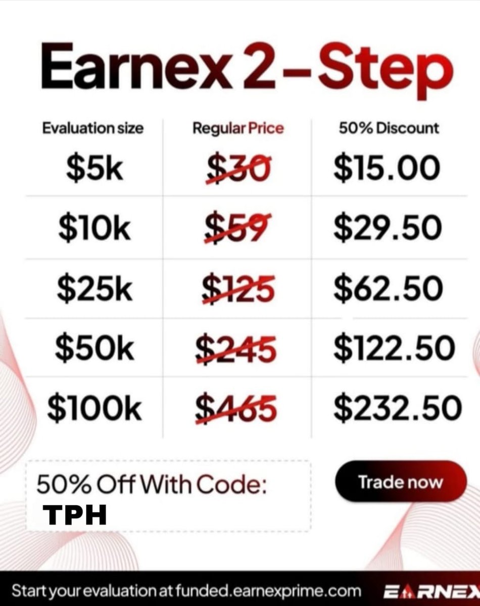 trustedprophub's tweet image. 🚀 Earnex 2-Step is LIVE!

Get 50% OFF with code &apos;TPH&apos; + FREE account of SAME TYPE on payout! 💸

Start your evaluation now 👉 funded.earnexprime.com/ref/189/

Limited Time Left ⏳