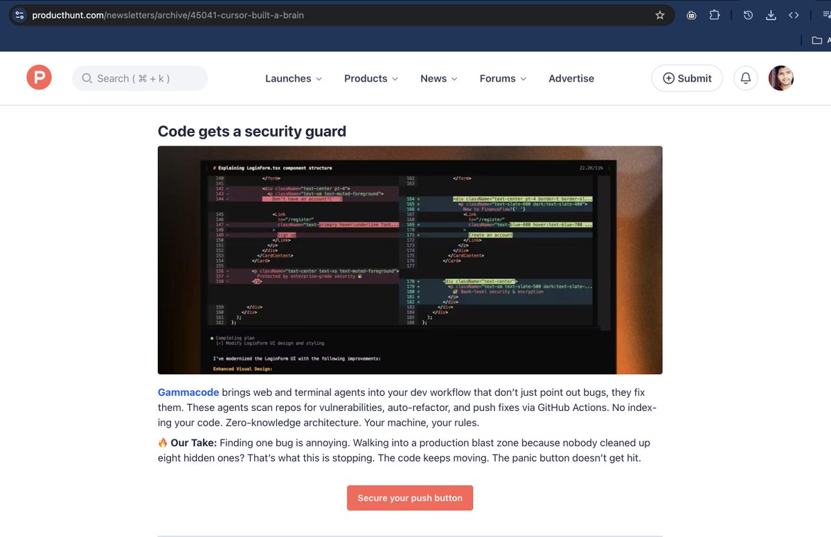 We just hit a rare milestone on <a href="/ProductHunt/">Product Hunt 😸</a> ! 🚀
✨ 

Featured on launch day (alongside <a href="/cursor_ai/">Cursor</a>) 🏆 
Ranked #6 Product of the Day 📰 Featured in their Editorial Newsletter

Two features in two days - Product Hunt saw something special in what we're building 💪

Please try out