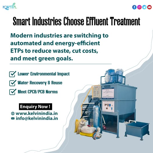 TechKelvin's tweet image. Smart Industries Choose Effluent Treatment

Modern industries are switching to automated and energy-efficient ETPs to reduce waste, cut costs, and meet green goals.
📷 Lower Environmental Impact
📷 Water Recovery &amp;amp; Reuse
📷 Meet CPCB/PCB Norms

Visit: kelvinindia.in
