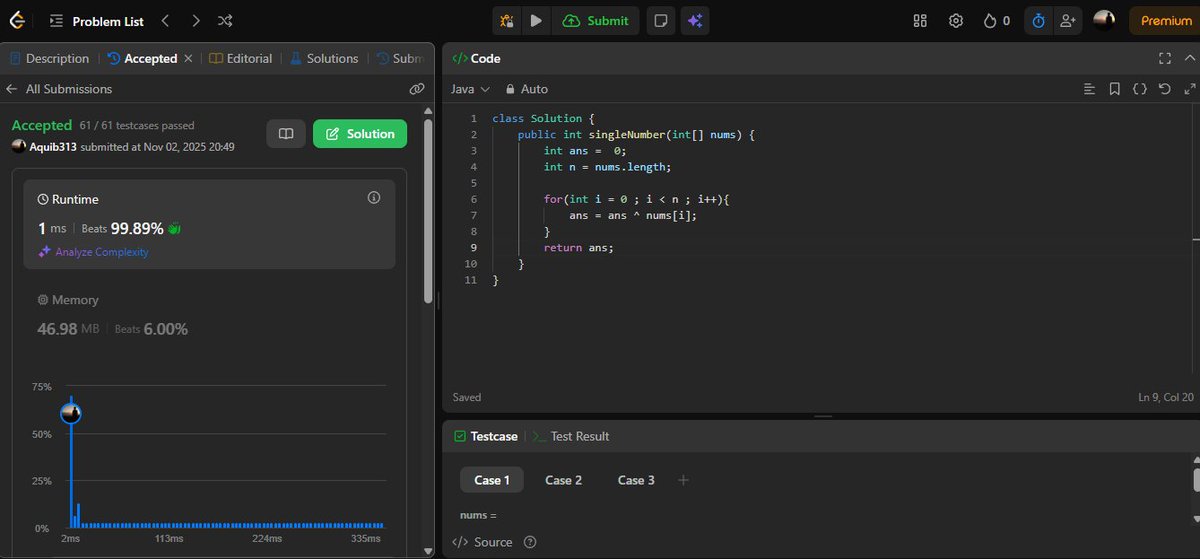 AquibShaik94912's tweet image. Day 83/100

[DSA] Bit manipulation
✅ XOR tricks (find unique / repeated numbers)
✅ Bit masking
✅ Counting bits across positions
✅ Grouping numbers using set bits
✅ 3 Leetcode problems

[Dev]
✅ 2 hrs javascript
✅ 2 hrs react

#100DaysOfCode #letsconnect #LeetCode