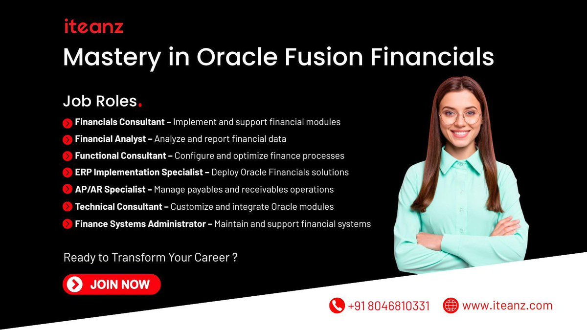 iteanzglobal's tweet image. 🚀 Advance Your Finance Expertise with Oracle Fusion Financials Training at Iteanz! 💼

👉 Enroll Today: iteanz.com/oracle-fusion-…
📞 Call: +91 8046810331

#oraclefusion #oraclefusionfinancials #fusionfinancialstraining #oracletraining #onlinetraining #financecareers #iteanz
