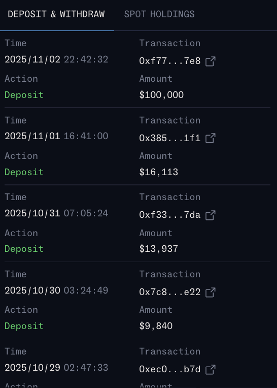 Machi Big Brother의 Hyperliquid 계정으로의 일일 입금 내역