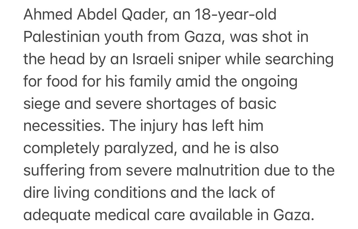 doaa__mohammad's tweet image. Ahmed Abdel Qader, an 18-year-old Palestinian youth from Gaza, was shot in the head by an Israeli sniper while searching for food for his family amid the ongoing siege and severe shortages of basic necessities.