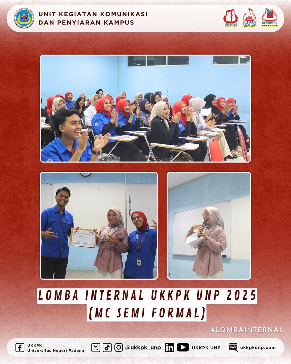 Hai Intelektual Muda👋

Telah berlangsung Lomba MC Semi Formal pada kegiatan Lomba Internal UKKPK UNP 2025. Dengan juri Kak Puti @putrioktvni13 dan Kabid MC dan Keprotokolan 2025, Kak Ismi @ismikhrnns 

Jadi siapa yaa, the best MC Semi Formal UKKPK UNP?