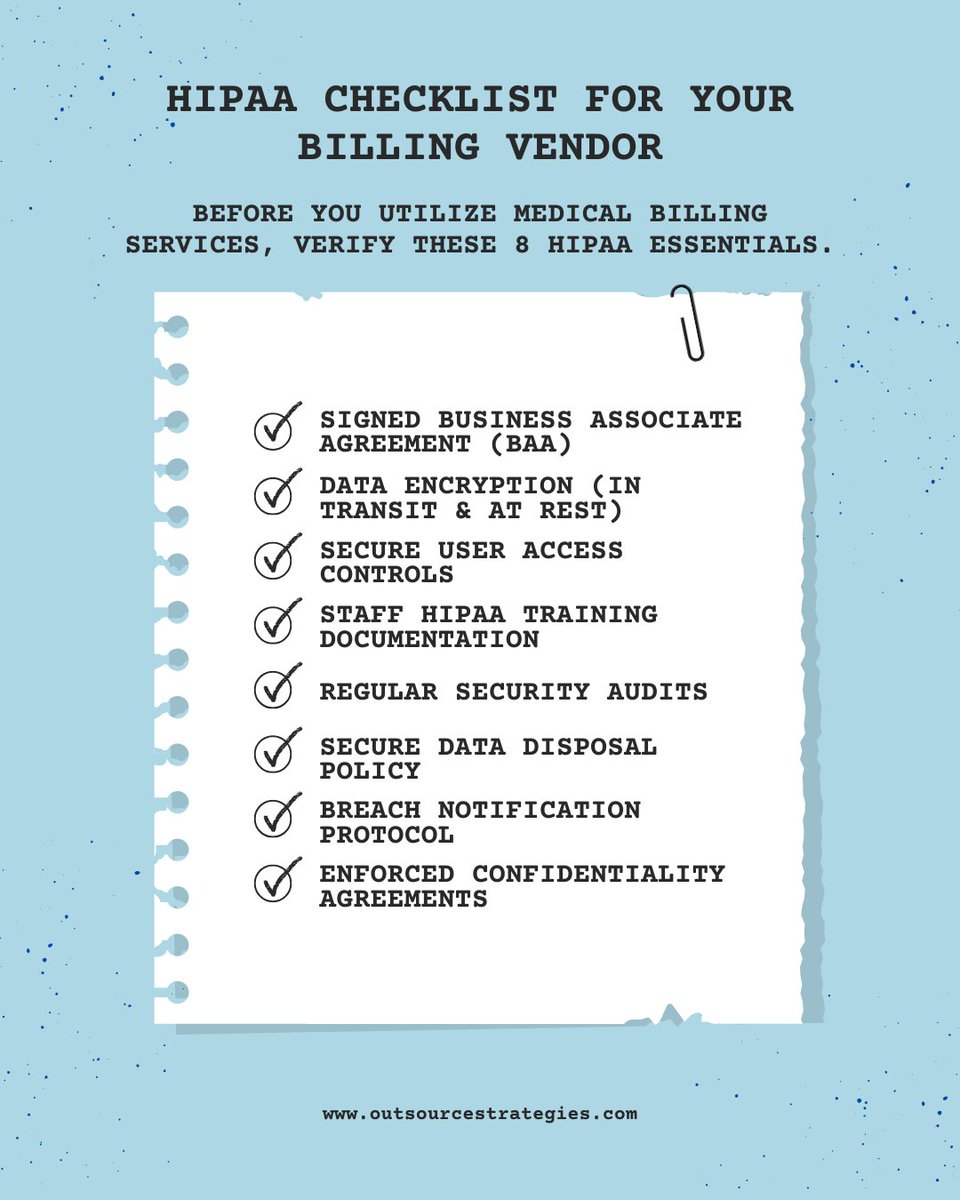 osi_medcoding's tweet image. Delegating doesn’t mean giving up control, especially when it comes to compliance.

Before signing with a billing vendor, ensure these eight HIPAA essentials are non-negotiable.

A solid checklist today prevents compliance headaches tomorrow.

#HIPAACompliance #MedicalBilling