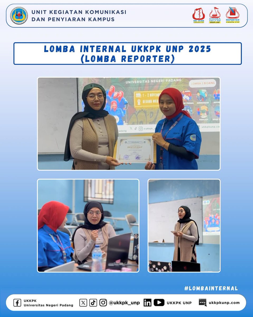 Hai Intelektual Muda👋

Telah berlangsung Lomba Reporter pada kegiatan Lomba Internal UKKPK UNP 2025. Dengan juri Kak Widy @nunawidyvchaisu dan Kabid Jurnalistik dan Penyiaran 2025, Kak Eca @dianmls_04 

Jadi siapa yaa, the best reporter UKKPK UNP?