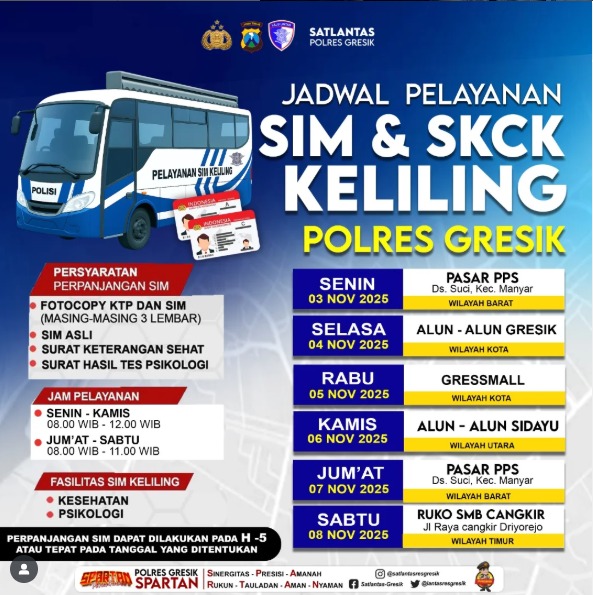 HumasGresik's tweet image. Hallo Rekk!!
Jadwal Sim Keliling untuk pekan ini (3 November - 8 November 2025) sudah keluar.
Catat tanggal dan lokasinya, ya!
Jangan sampai kelewatan, ya☺️

#simkelilinggresik #gresik #satlantaspolresgresik #polresgresik