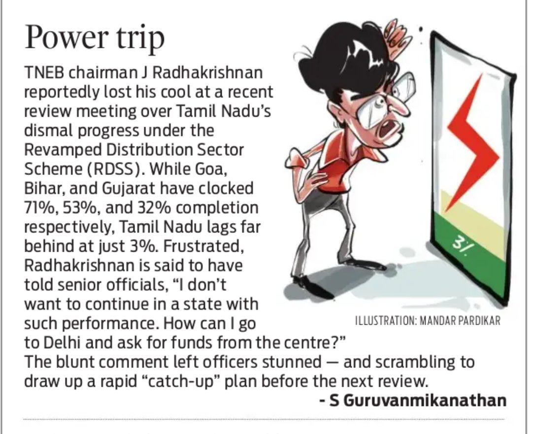 thinak_'s tweet image. TNEB chairman J Radhakrishnan reportedly lost his cool at a recent review meeting over Tamil Nadu’s dismal progress under the Revamped Distribution Sector Scheme (RDSS). While Goa, Bihar, and Gujarat have clocked 71%, 53%, and 32% completion respectively, Tamil Nadu lags far…