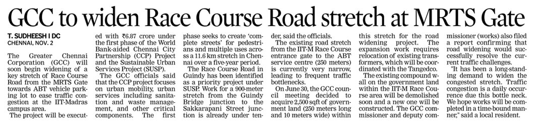 sudheeshdc's tweet image. The @chennaicorp will soon take up a crucial infrastructure project to ease traffic congestion at Indian Institute of Technology Madras  (IIT-M) campus area by widening  a key stretch of Race Course Road from the MRTS Gate towards the ABT Vehicle Parking lot.