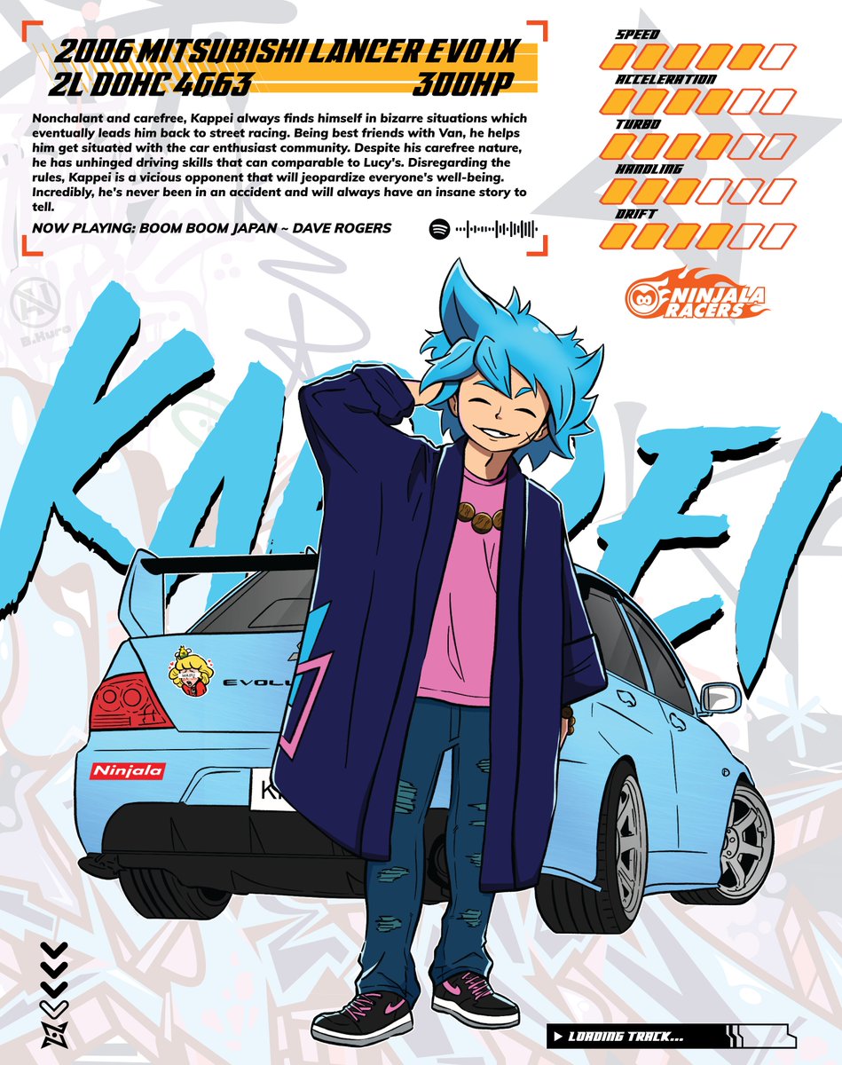 BookerKuro's tweet image. Next we have the local goofball, Kappei! As Van&apos;s best friend, he gets him situated in the street racing scene. His reasoning for racing changes every time you ask him but make no mistake, he&apos;s being truthful every single time 🎋
#NinjalaRacers
#Ninjala #ニンジャラ #Ninjalaart
