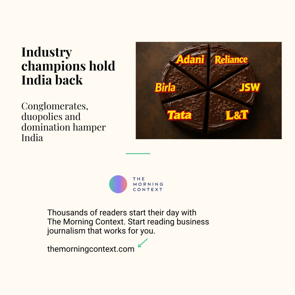 MorningContext's tweet photo. India's conglomerate conundrum - The purpose of behemoths is to have champions that could take on competition and make a mark on the global stage. But that's hardly the case in India.

https://t.co/gBS2E6KoVE

Story by @ujval_nanavati https://t.co/cqfesWBsZP