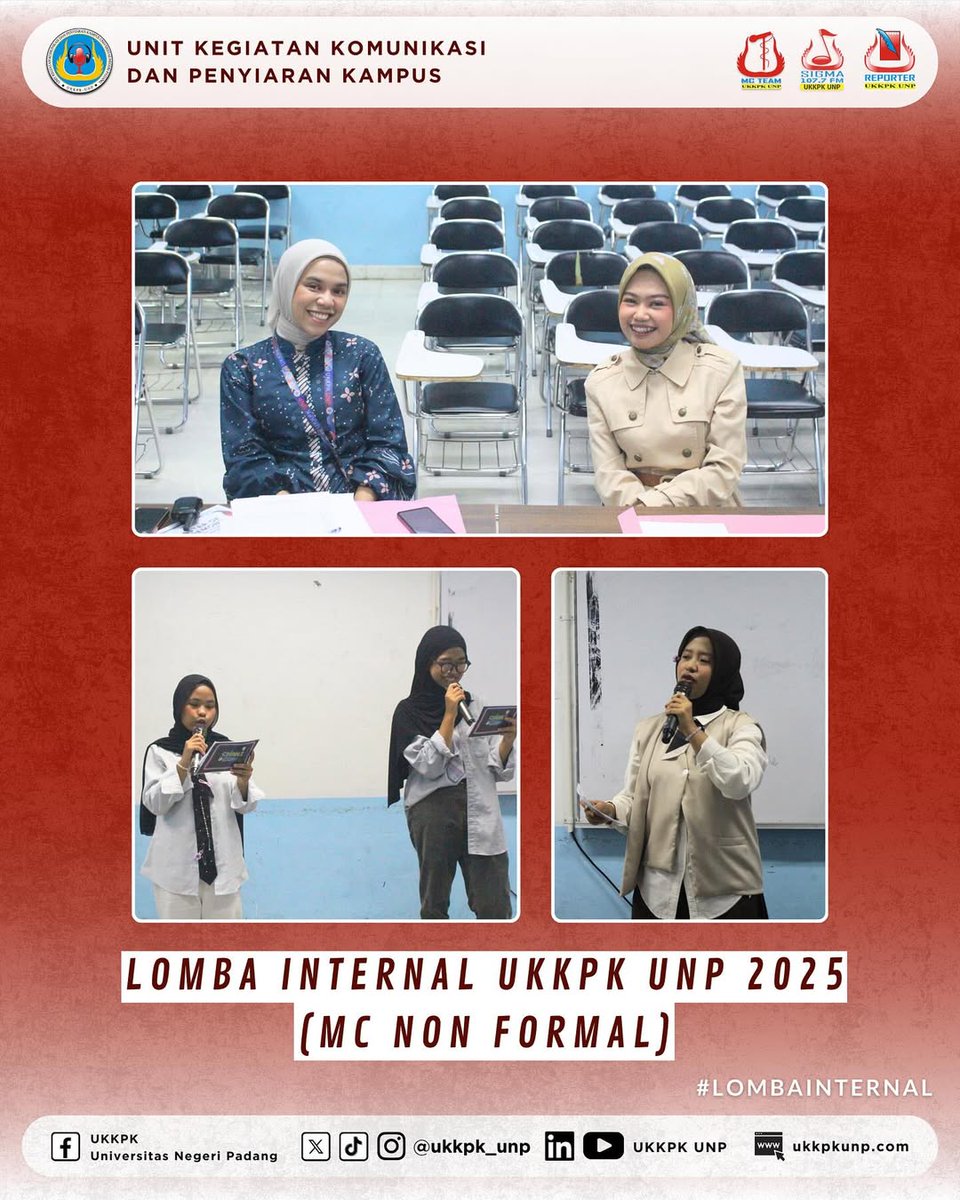 Hai Intelektual Muda👋

Telah berlangsung Lomba MC NON Formal dalam rangka Lomba Internal UKKPK UNP 2025, dengan Juri Kak Sanora <a href="/putrisanora/">putrisanora</a> dan Kabid MC dan Keprotokolan 2025, Kak Ismi <a href="/ismikhrnns/">gabuut</a> 

Siapaa yaa kira-kira The Best MC NON Formal ??