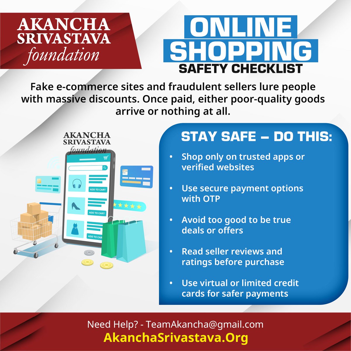 AkanchaS's tweet image. Keep these points in mind while shopping online.
Stay Aware, Stay Safe ⚠️
#AkanchaSrivastavaFoundation #India #CyberSafety