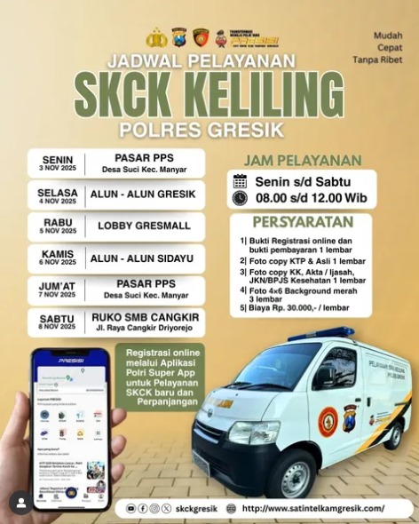 HumasGresik's tweet image. Jadwal SKCK Keliling Polres Gresik untuk pekan depan (3 s/d 8 November 2025) sudah keluar.
Catat tanggal dan lokasinya. ya!
Jangan sampai kelewatan, ya

#simkelilinggresik
#skckkelilinggresik
#gresik
#satlantaspolresgresik
#polresgresik
#skckonline
#skckpolresgresik
#esurveypolri