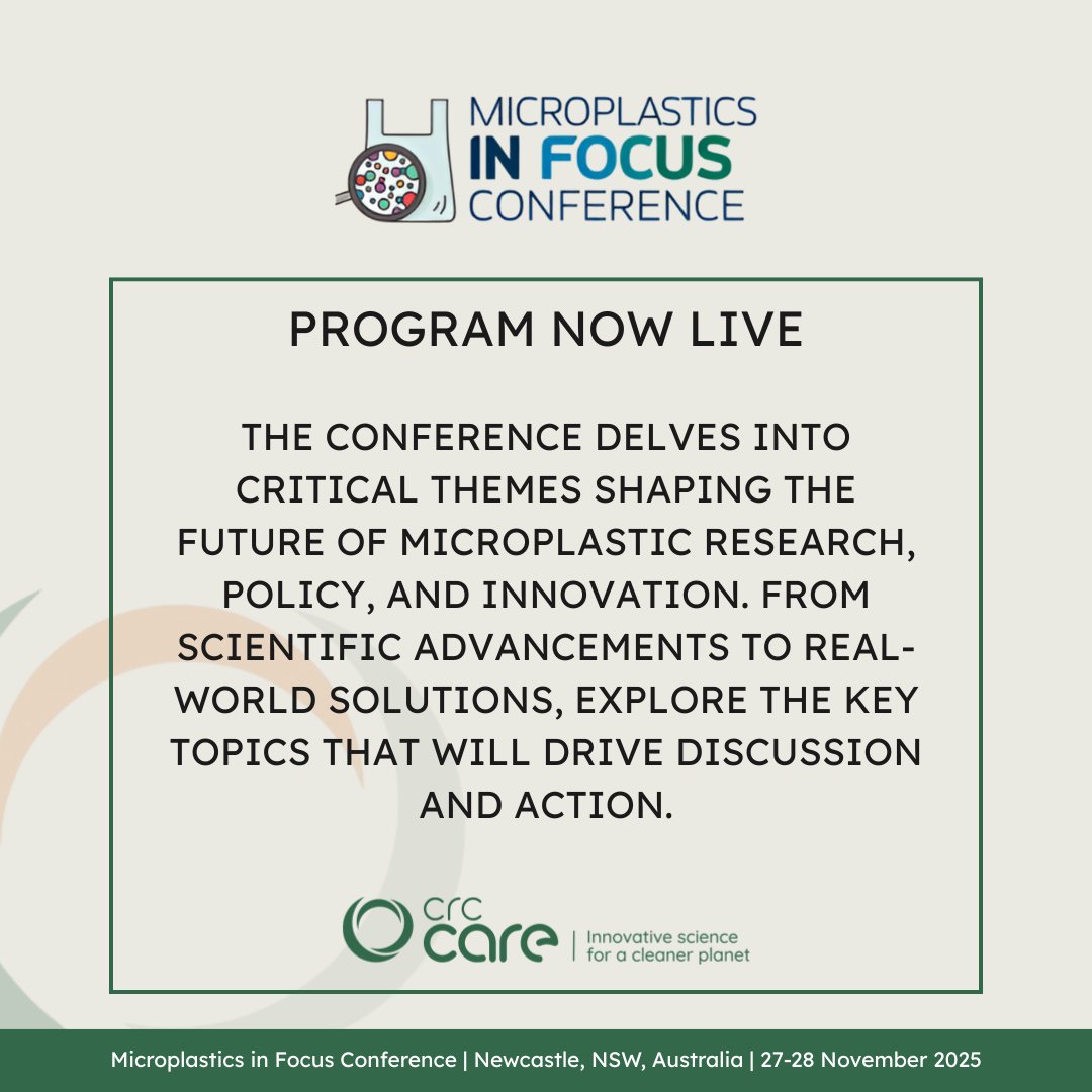 The Microplastics In Focus 2025 program is live!
See the full lineup of speakers &amp; sessions tackling microplastic pollution, 27–28 Nov at NEX Newcastle.
View the program 2025microplasticsinfocusconference.com/wp-content/upl…
With thanks to <a href="/CityNewcastle/">City of Newcastle</a> for their support in sponsoring this event.