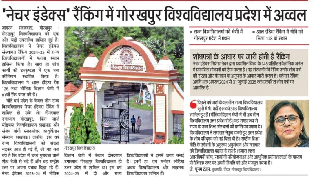 DDUGU_Official's tweet image. &apos;नेचर इंडेक्स&apos; रैंकिंग में गोरखपुर विश्वविद्यालय प्रदेश में अव्वल!