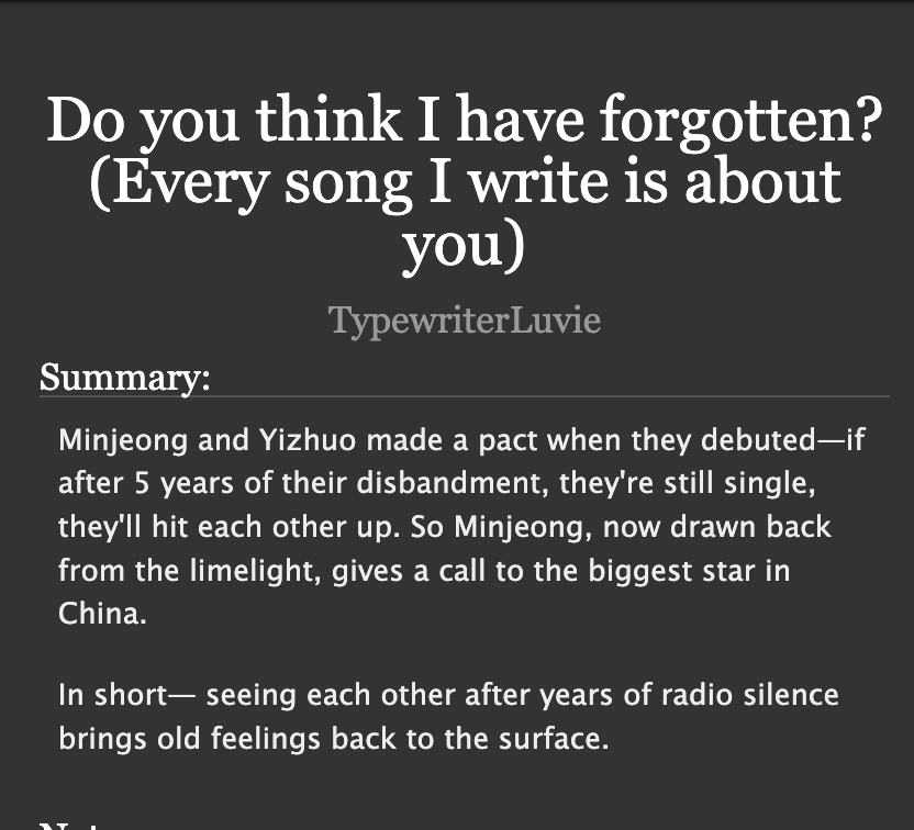 TypewriterLuvie's tweet photo. "Do you think I have forgotten? (every song I write is about you)"

- Recluse Minjeong x Idol Ningning
- post disbandment 
- sad with a happy ending 
- 2.5k word count

(part of aespa fic fest collection 2025)

AO3: https://t.co/zaqBWtrNTO
AFF: https://t.co/akJ4q9wrtM https://t.co/c02irphEHm