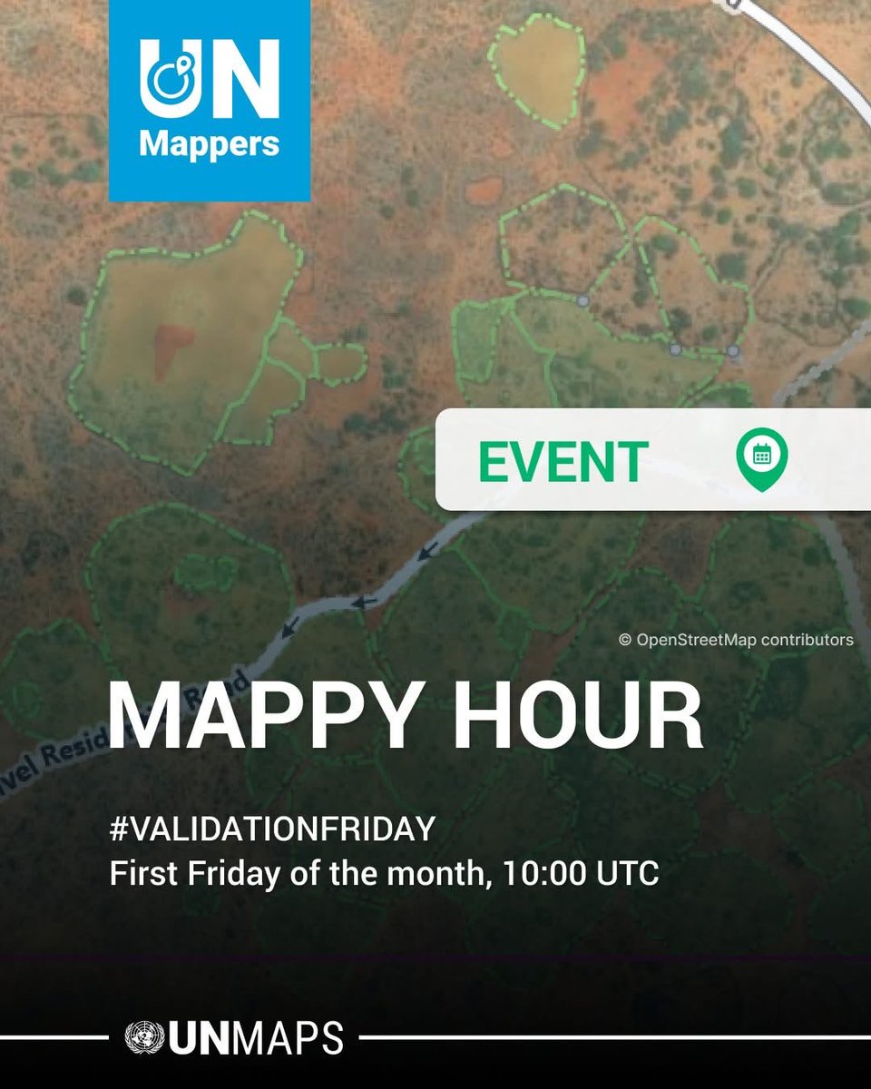 UN_Mappers's tweet image. Join our monthly #ValidationFriday Mappy Hour happening this Friday!

Open to validators and aspiring ones✅

📅 7 November
⏲️ 10:00 UTC | 11:00 CET | 18:00 SG
📍OSMCal with room link 👉🏼 osmcal.org/event/4168/

Become a UN Mapper! 💙

#UNMappers #UNMaps #OpenStreetMap #mappyhour