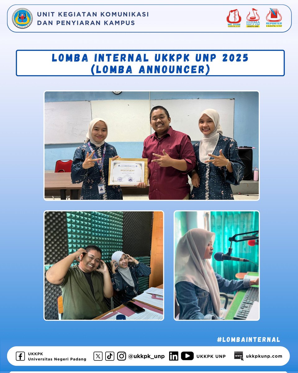 Hai Intelektual Muda👋

Telah berlangsung Lomba Announcer dalam rangka Lomba Internal UKKPK UNP 2025, dengan Juri Bang Mastyn @mtynul_101 dan Kabid Radio dan Penyiaran 2025, Kak Rila @ndy_af04 

Siapaa yaa kira-kira The Best Announcer ??
