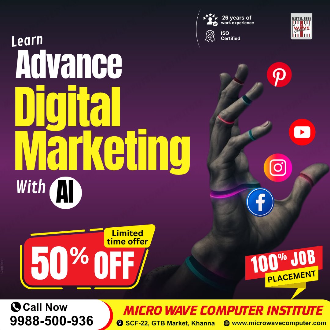 mwc_98's tweet image. 🤖 Learn Advanced Digital Marketing with AI! 🚀
📊 Master smart tools, analytics &amp;amp; automation.
🔥 Enrol now &amp;amp; grab 50% OFF! 🎯 

📲Call for more information- 99885- 00936
📌SCF-22, GTB Market, Khanna 

#digitalmarketing #LearnWithAI #onlinelearning #microwavecomputer #khanna