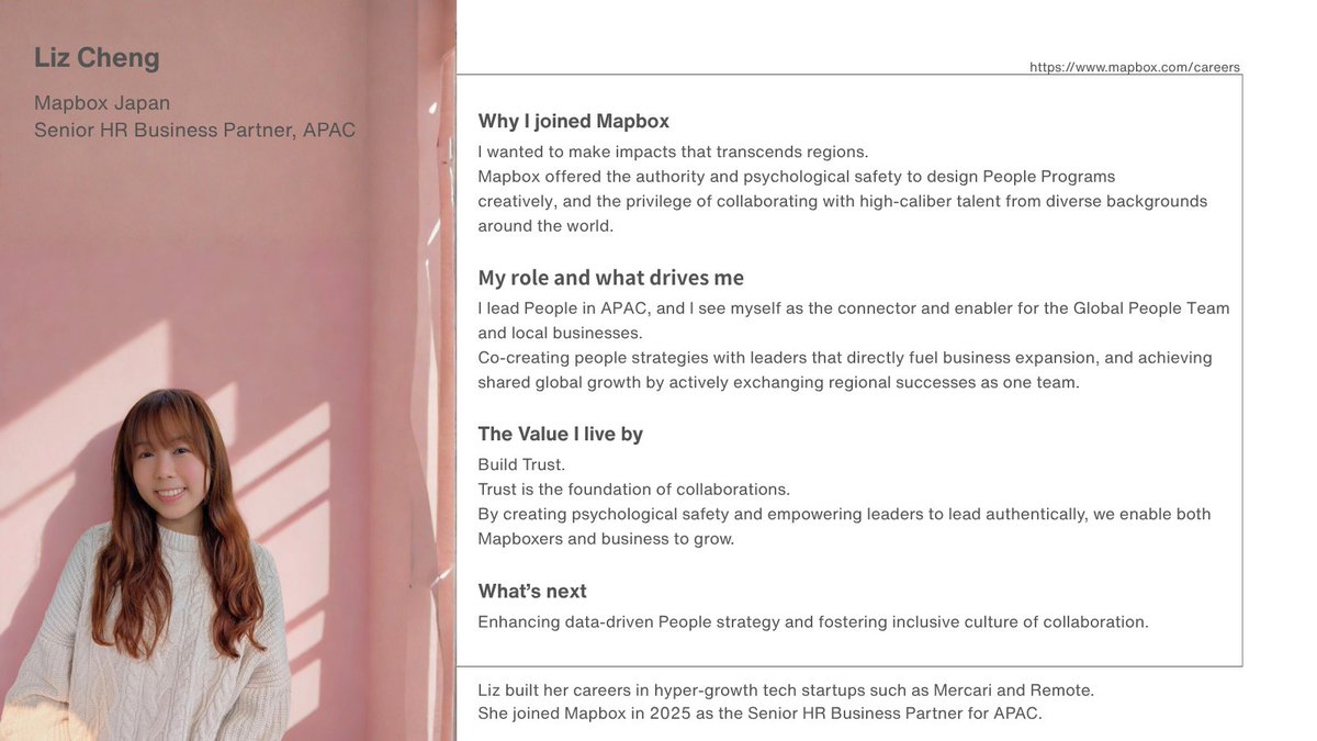 mapbox_jp's tweet image. Connecting regions, empowering people and growth.
Trust is where real collaboration begins.
Liz shares what “Build Trust” truly means at Mapbox.
Explore roles 📷 jobs.ashbyhq.com/mapbox
#Mapbox #Hiring #TechCareers #BuildTrust #MapboxJapanTeamStories