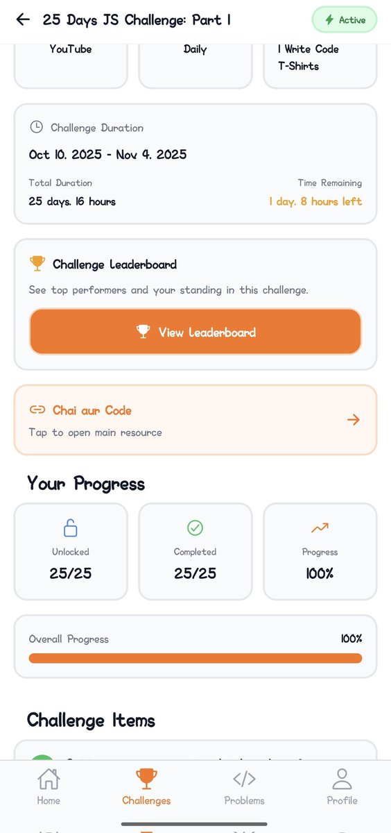 Deepaks0611's tweet image. Progress: 100% 
Completed Day 25 of the #25DaysJSChallenge with
@ChaiCodeHQ @Hiteshdotcom @nirudhuuu

Topic : Control flow in JavaScript  #BuildinPublic #MasterJi #JavaScript #Coding