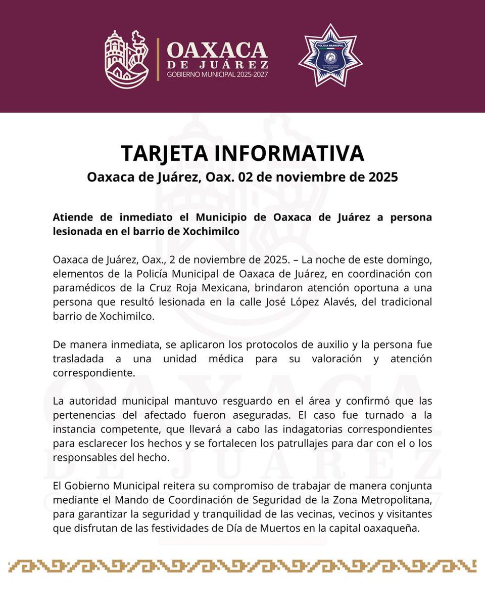 Informa el <a href="/MunicipioOaxaca/">Municipio de Oaxaca de Juárez</a> que atiende de inmediato a persona lesionada en el barrio de Xochimilco