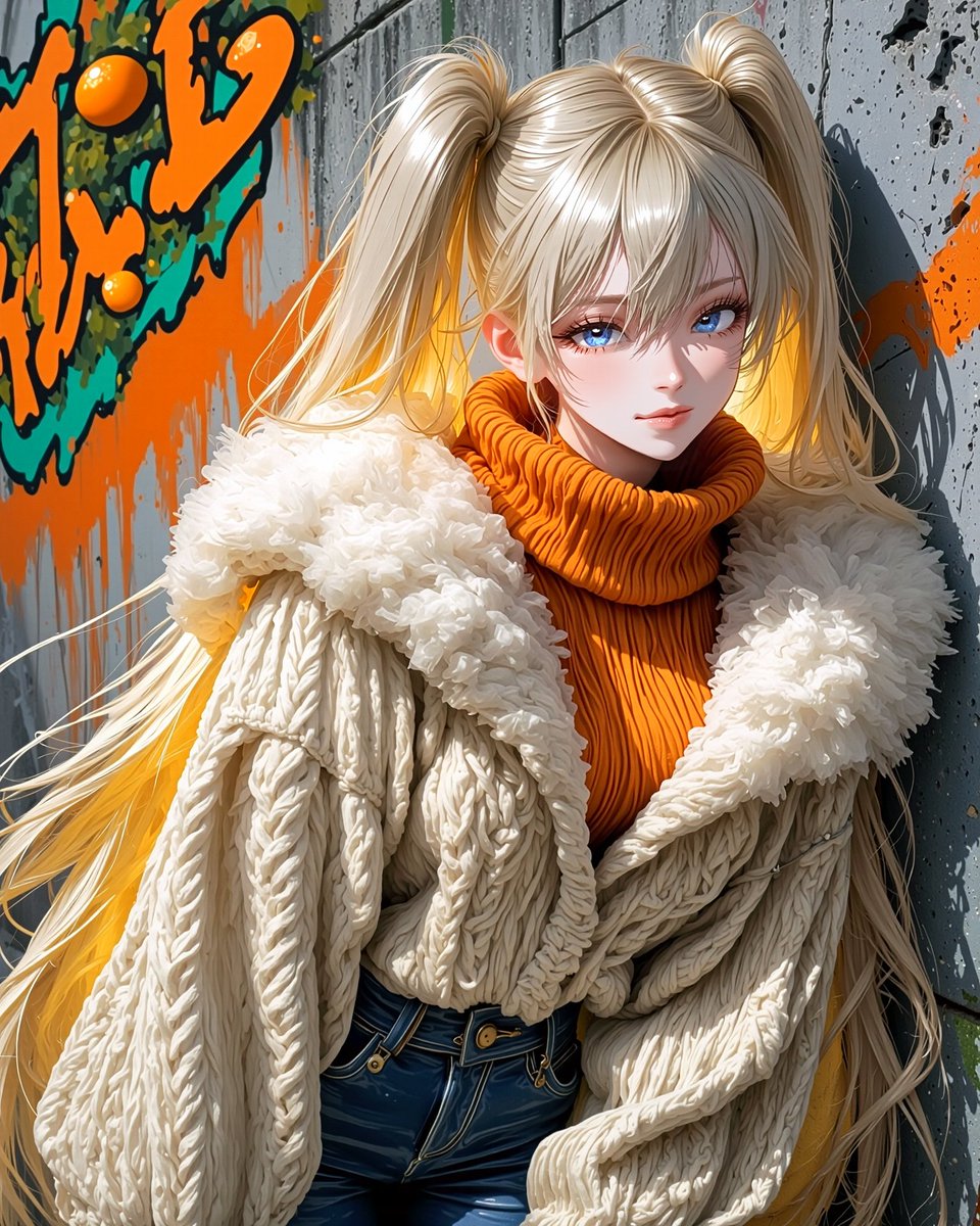 NarimiyaAI's tweet image. 「ねぇ？　そのみかんは食べられないよ笑」

「みかんの日」に描く、ビタミンカラー×冬コーデ！
 壁に描いた蜜柑アート＆温かいニットに注目。
ビタミンカラーで、心にも体にもエネルギーチャージ✨

衣装プロンプトはALTにあるよ。チェックしてみて💞
#ふゆいろミライ展　#デニム