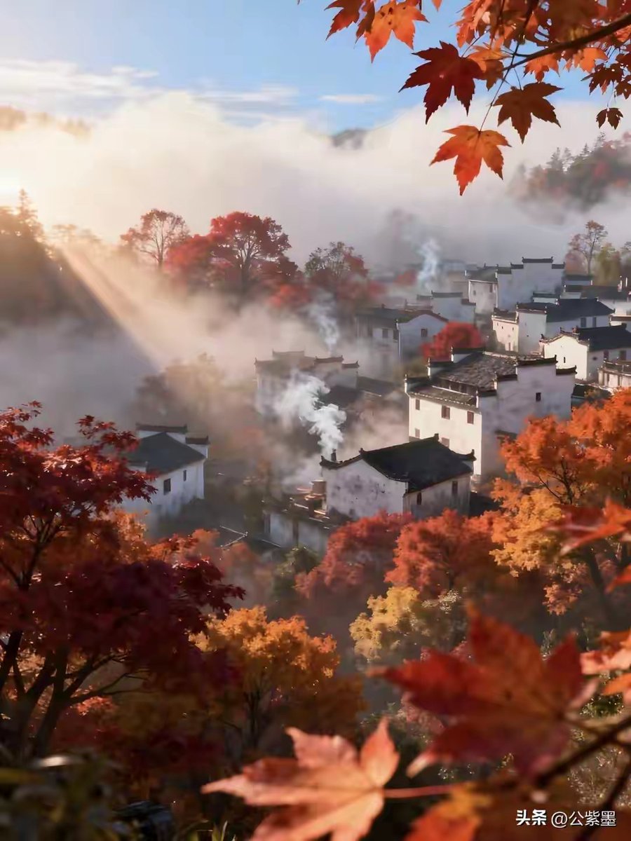 婺源之秋，风卷残愁
黛瓦疏烟锁碧流，秋霜漫染柿红稠。