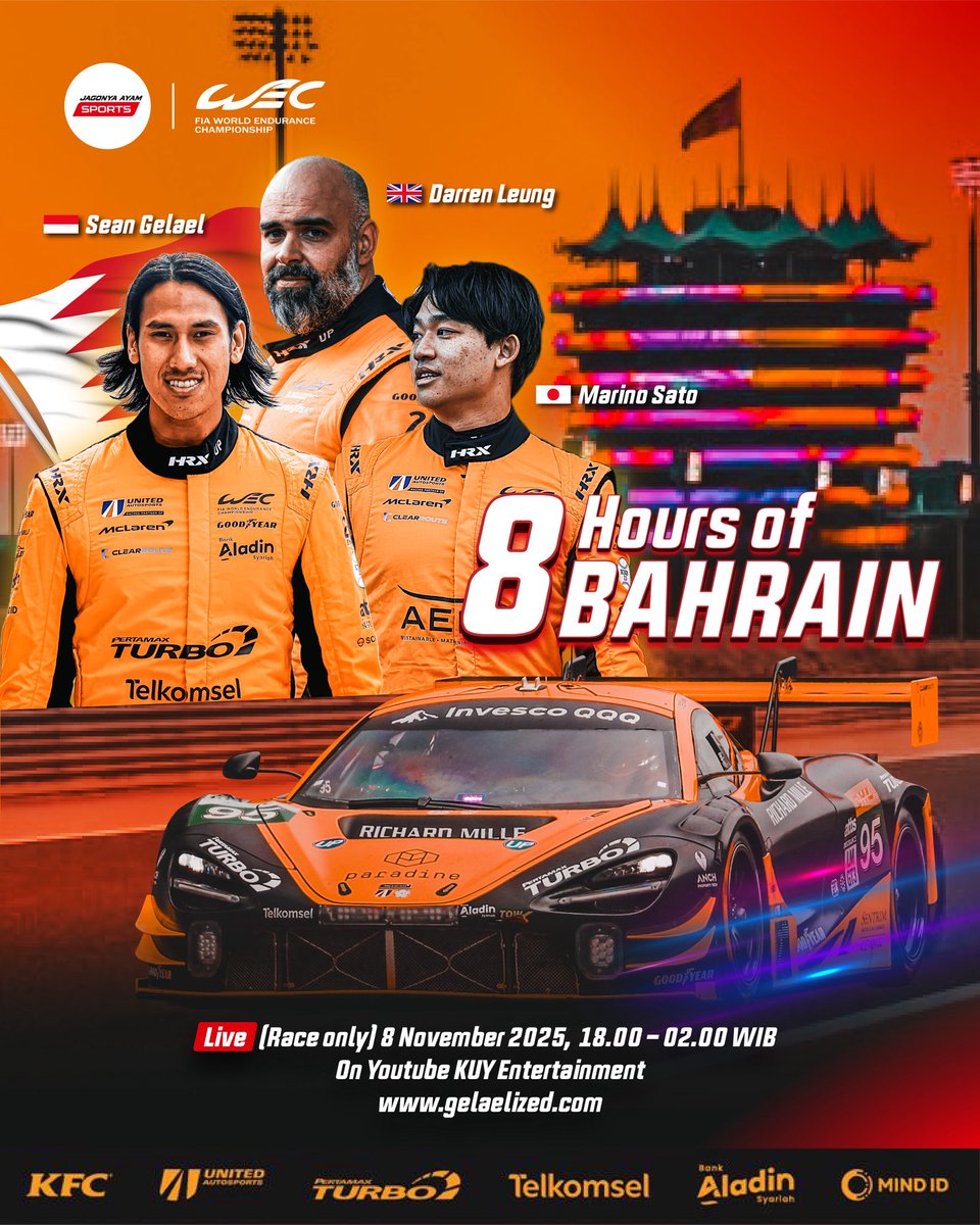 TeamJagonyaAyam's tweet photo. One. last. push ๐
Last race of 2025, let's make it a good memories with pappaya ๐งก
set your alarms and don't miss the action! โฐ๐๐ป
#KFCIndonesia
#Pertamina
#PertamaxTurbo
#PertamaxTurbo
#Telkomsel
#BankAladinSyariah
#MINDID
#WEC
#8HBahrain https://t.co/udbZ1iftDb