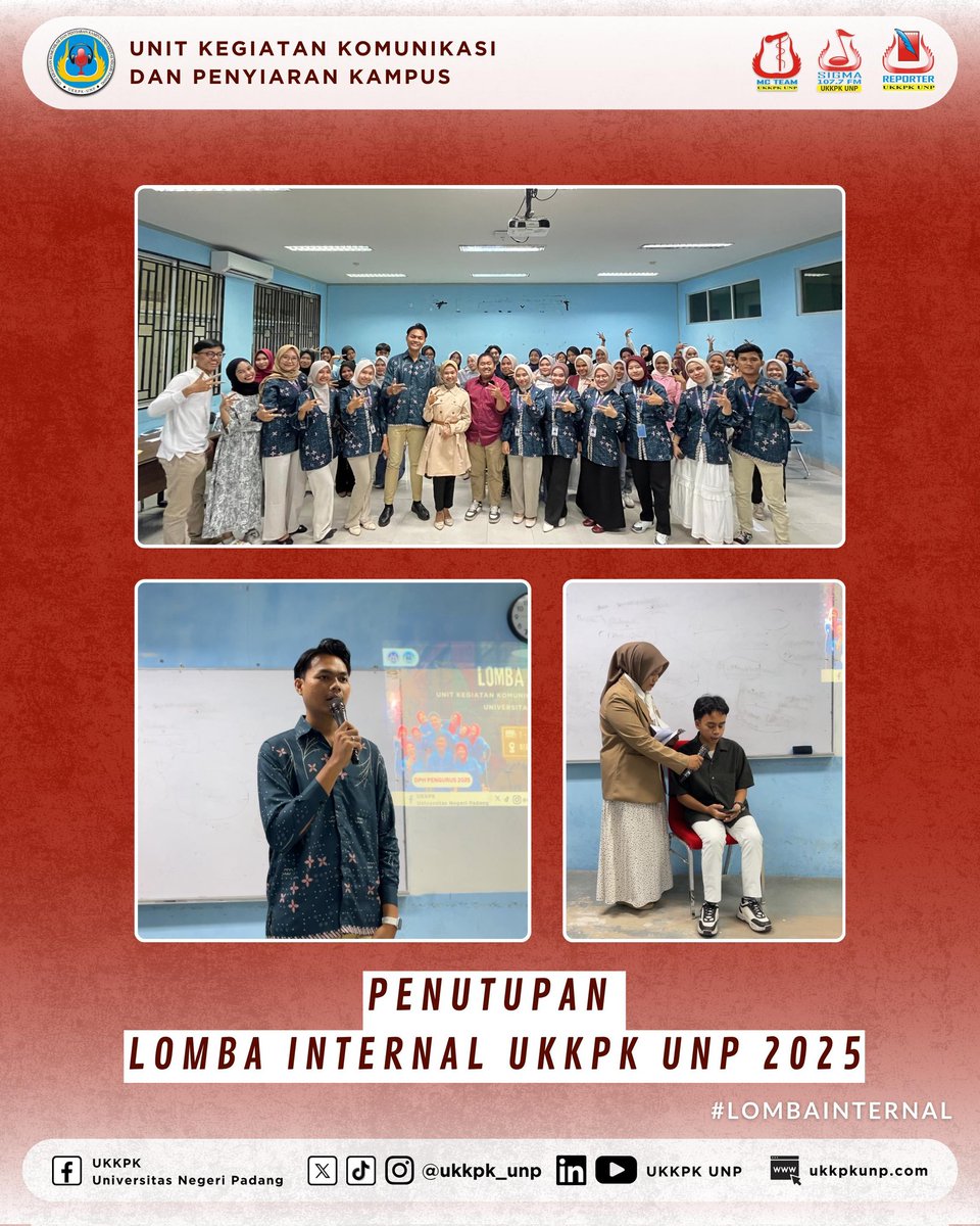 Hai Intelektual Muda👋🏻

Telah berlangsung penutupan Lomba Internal UKKPK UNP 2025,  yang dipandu oleh MC  Huswatun Hasanah, maka dengan itu berakhirlah Lomba Internal UKKPK 2025