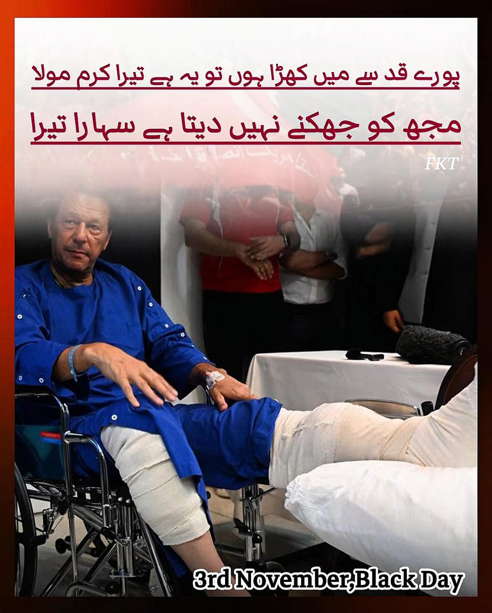 ۳ نومبر ؛ وہ دن جب عمران خان پر وزیرآباد میں قاتلانہ حملہ ہوا۔
لیکن ہمارا لیڈر جان کے خطرے کے باوجود پیچھے نہیں ہٹا،
قوم کے لیے ڈٹا رہا، لڑتا رہا۔
آج ۸۲۱ دن سے ناحق قید میں ہے، نہ جھکا نہ ڈیل کی۔
اب ہم نے یہ جدوجہد ہر قیمت پر جاری رکھنی ہے۔

#NeverForgetNov3
