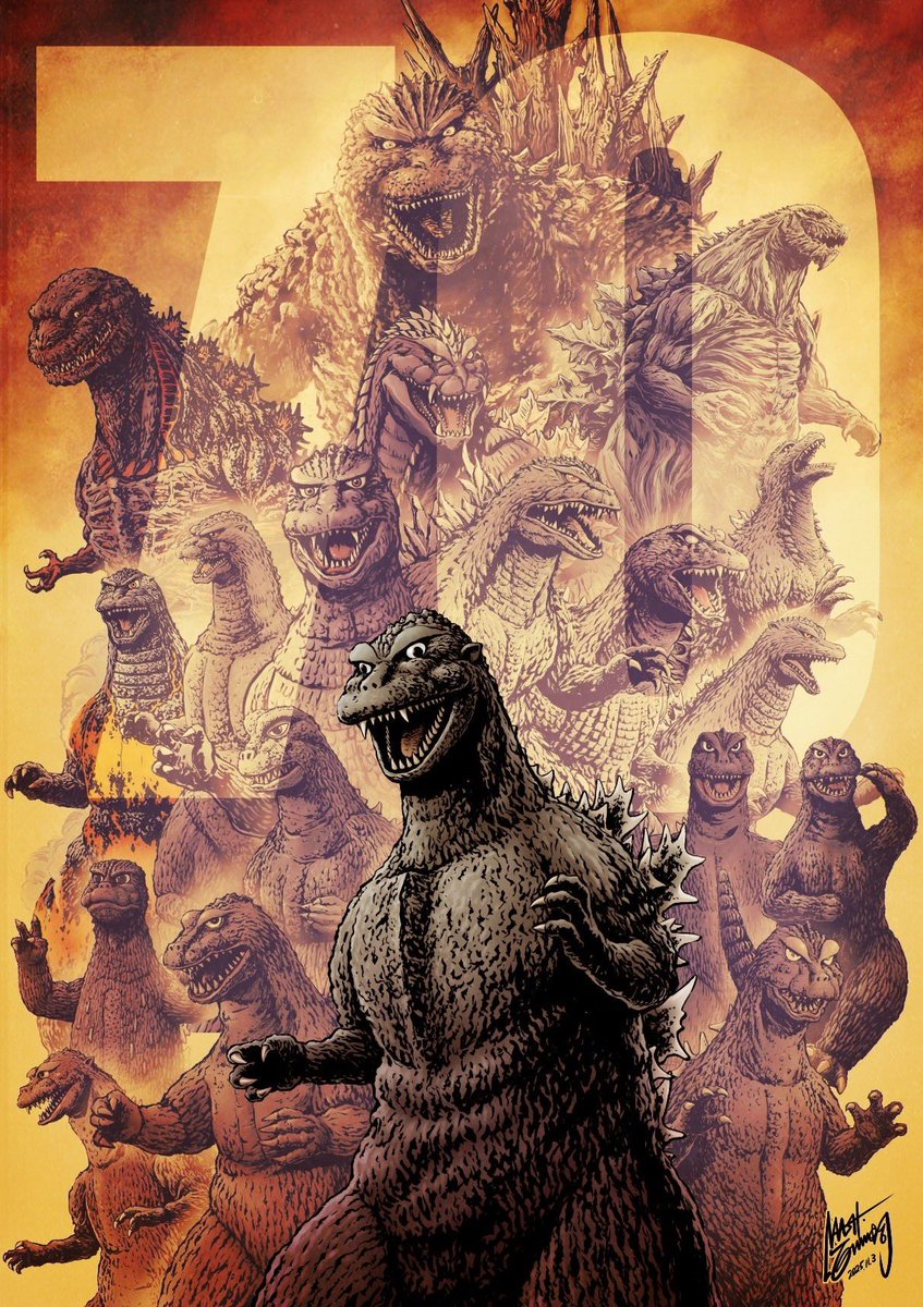 山崎監督のゴジラ次回作のタイトルも発表されて、ゴジラフェス盛り上がってますね！

1日遅れだけど、ゴジラ70周年絵を。
あの図鑑に描いた絵を中心に構成しました。