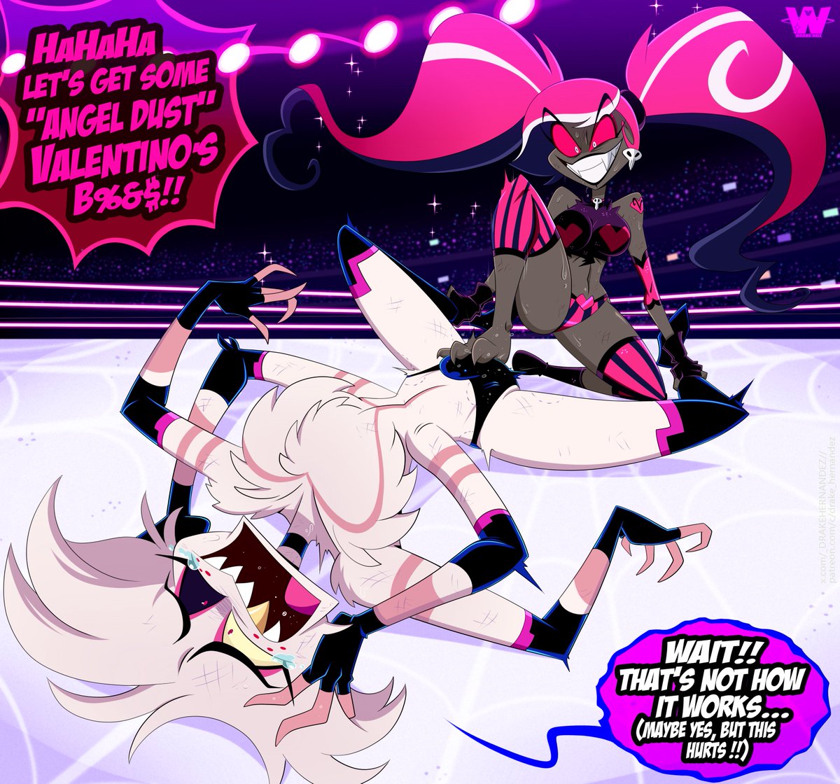 #Velvette is getting her revenge with interest for her last defeat against #AngelDust… I hope that after this Angel can keep working!!✨🔥

#HazbinHotel #HazbinHotelFanart #wrestling