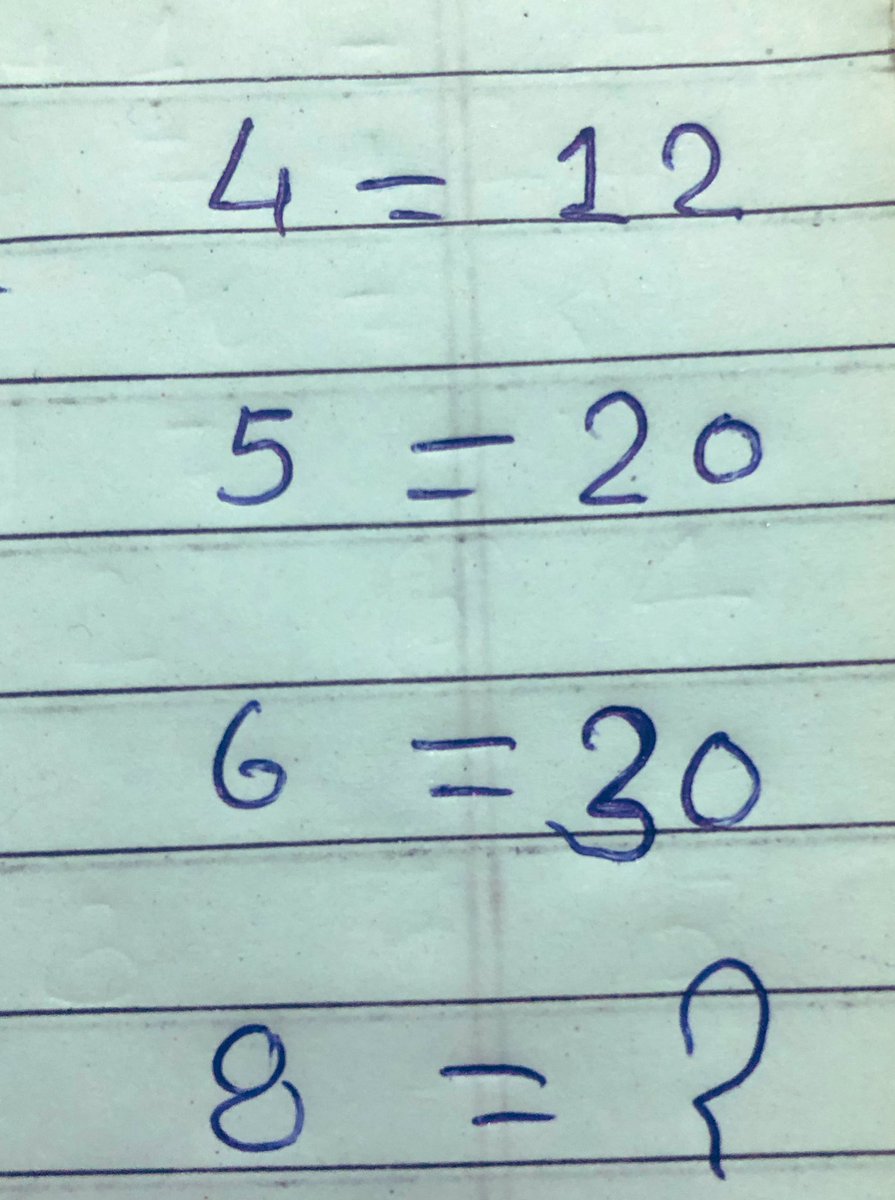 jitendra789789's tweet image. 4=12
5=20
6=30
8=?